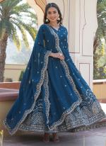 Georgette Aqua Blue Reception Wear Embroidery Work Readymade Gown With Dupatta